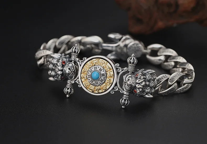 Blue Style Новинка бирюзовый Будда Ваджра мантра Зодиак Дракон вращающийся браслет 925 пробы серебряные ювелирные изделия мужской браслет B25 - Цвет камня: Blue Style