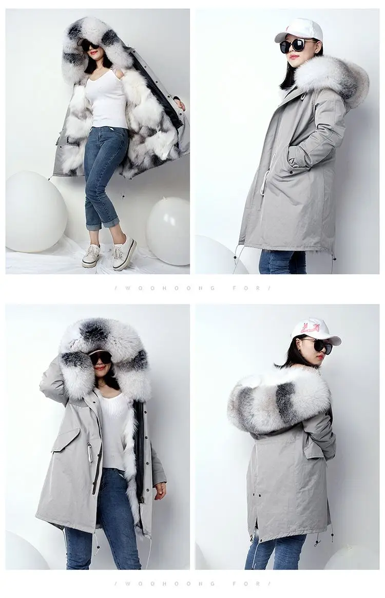 New Fashion Winter Women Real Fox Fur Coat Outerwear Female Naturel Fox Fur Collar Hooded Warm Thicken Jacket Plus Size H12
