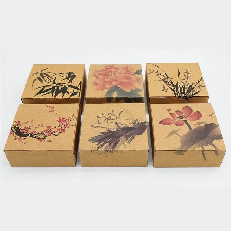 

10 шт./лот, упаковочные коробки из коричневой крафт-бумаги в китайском стиле для конфет, печенья, шоколадных печенья, подарочная коробка