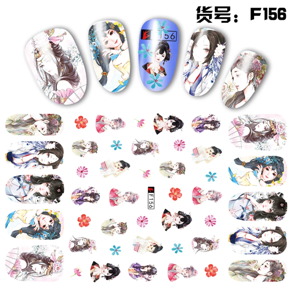 

2 Sheets/lot Beautiful 3D Chinese Style Floral Lady Girls Painting Adhesive Nail Art Stickers Decorations DIY Salon Tips F156#