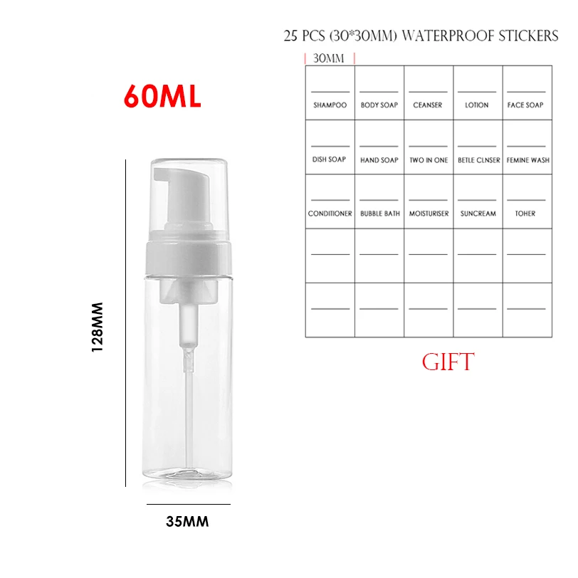 60ml 30/60/100/300 мл жидкое мыло пены бутылки многоразового использования с пеной бутылка ПЭТ путешествия ясно, держатель для дезинфицирующего средства для рук бутылки - Цвет: 60ml