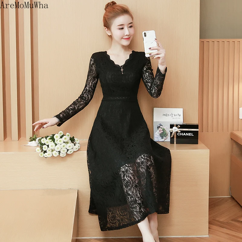 AreMoMuWha V collar lace long-sleeved dress 2019 Spring Autumn New style bottom medium length built knee dressmh329 | Женская одежда
