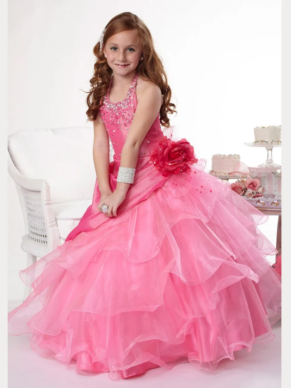 

Pink Fashion 2017 High Quality Flouncing Girl's Pageant Dresses Hand Made Flower Flower Girl's Dresses Organza Beads Skirt ZG025