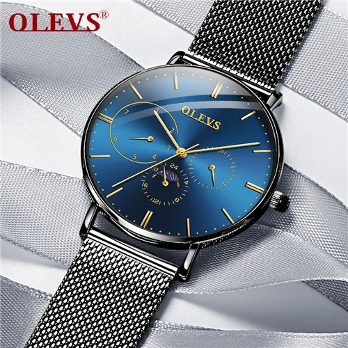 steel blue OLEVS ультра-тонкие мужские часы, мужские кожаные кварцевые часы с фазой Луны, мужские роскошные брендовые водонепроницаемые Бизнес часы, мужские часы - Цвет: steel blue