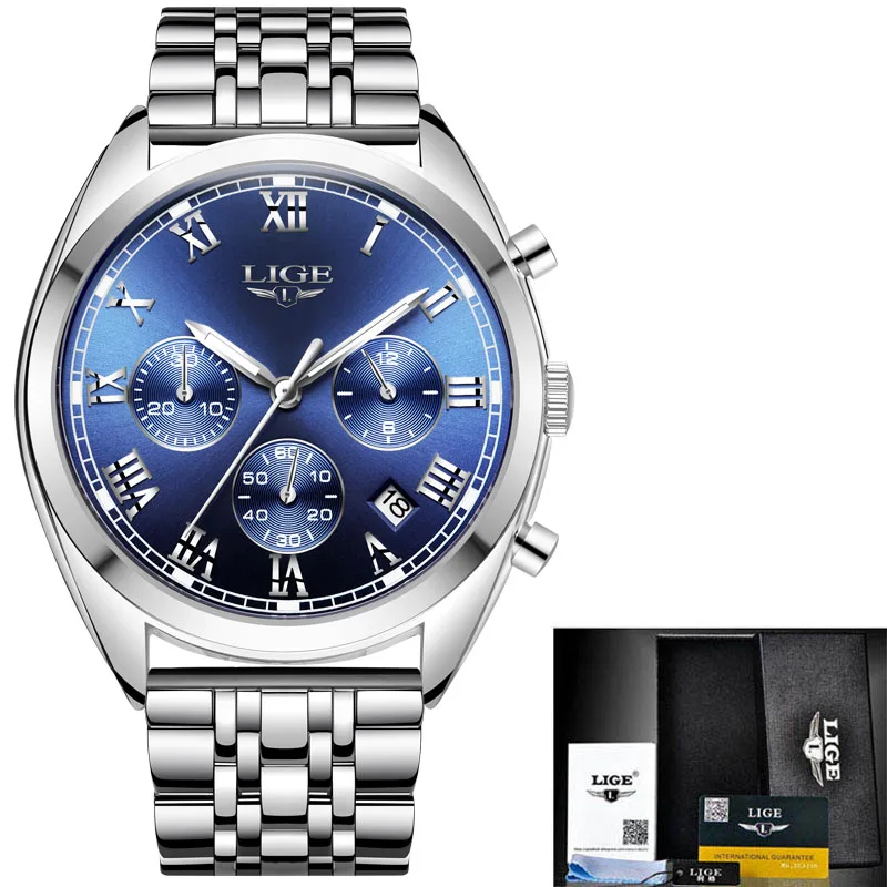 Silver blue S LIGE для мужчин s часы лучший бренд класса люкс Хронограф Мужские часы кожа водонепроницаемый спортивные часы мужские военные часы Relogio Masculino - Цвет: Silver blue S
