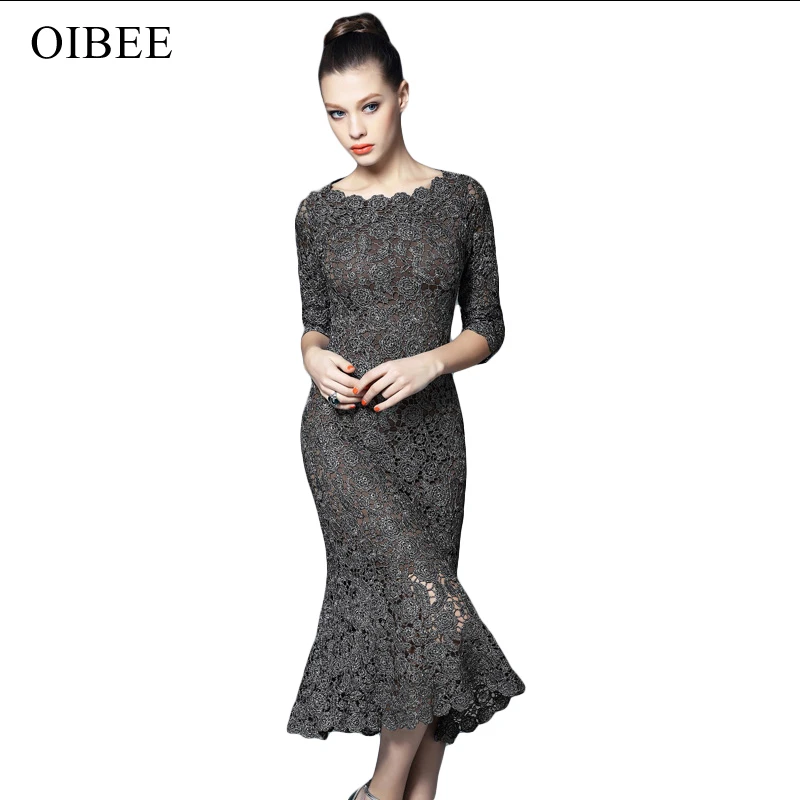 OIBEE, высокое качество, модное, кружевное, полое, три четверти, одноцветное, труба, сексуальное, элегантное, вечернее платье