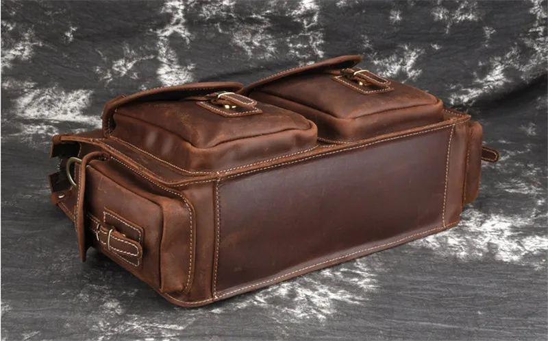 PNDME high quality crazy horse cowhide men's briefcase vintage designer simple multi pocket genuine leather office laptop bag