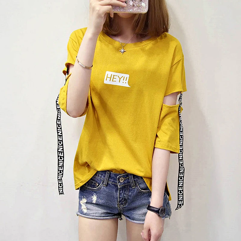 Футболка женская с милыми дырками Свободный Топ в стиле Харадзюку надписью