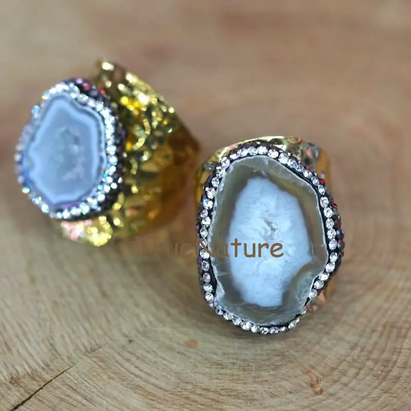 

Druzy Agates Geode Ring Jewelry Gold Adjustable Rings Micro Zircon Paved Agates Nugget Large Slice Ring RM7495