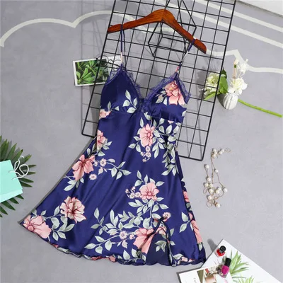navy blue dress Женские пижамы Herislim, шелковые, с цветочным принтом, 5 шт., пижамный комплект, атласная пижама с брюками, сексуальная, с кружевной отделкой, Пижама, одежда для сна, домашняя одежда - Цвет: navy blue dress