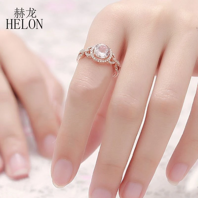 HELON Solid 14K розовое золото Сертифицированный круглый 1.12ct морганит алмазное обручальное кольцо для женщин для романтической свадьбы, вечеринки подарок ювелирные изделия