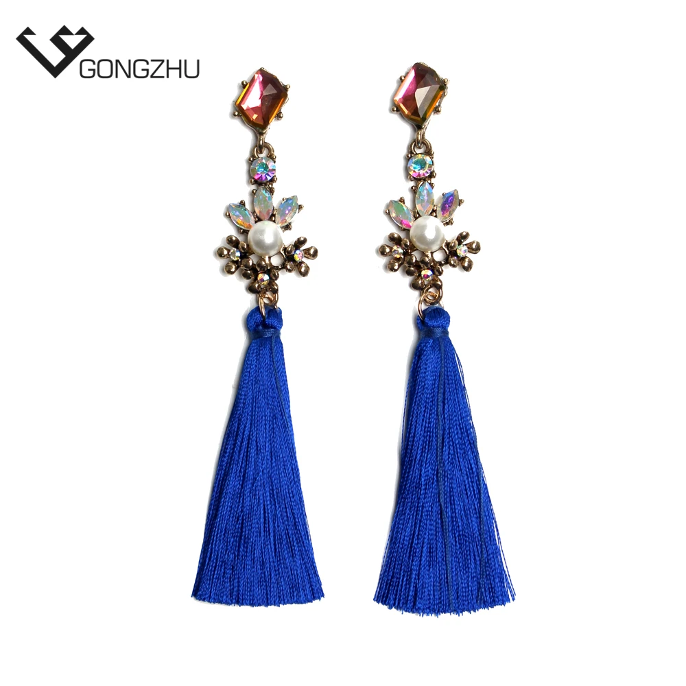 Fashion Jewelry Trend &amp Women pearl Drop Earrings Vintage tassel Blue black Long Gold Plated For | Украшения и аксессуары
