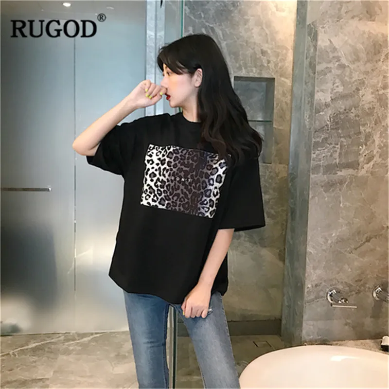 Женская футболка с леопардовым принтом RUGOD свободная круглым вырезом и коротким