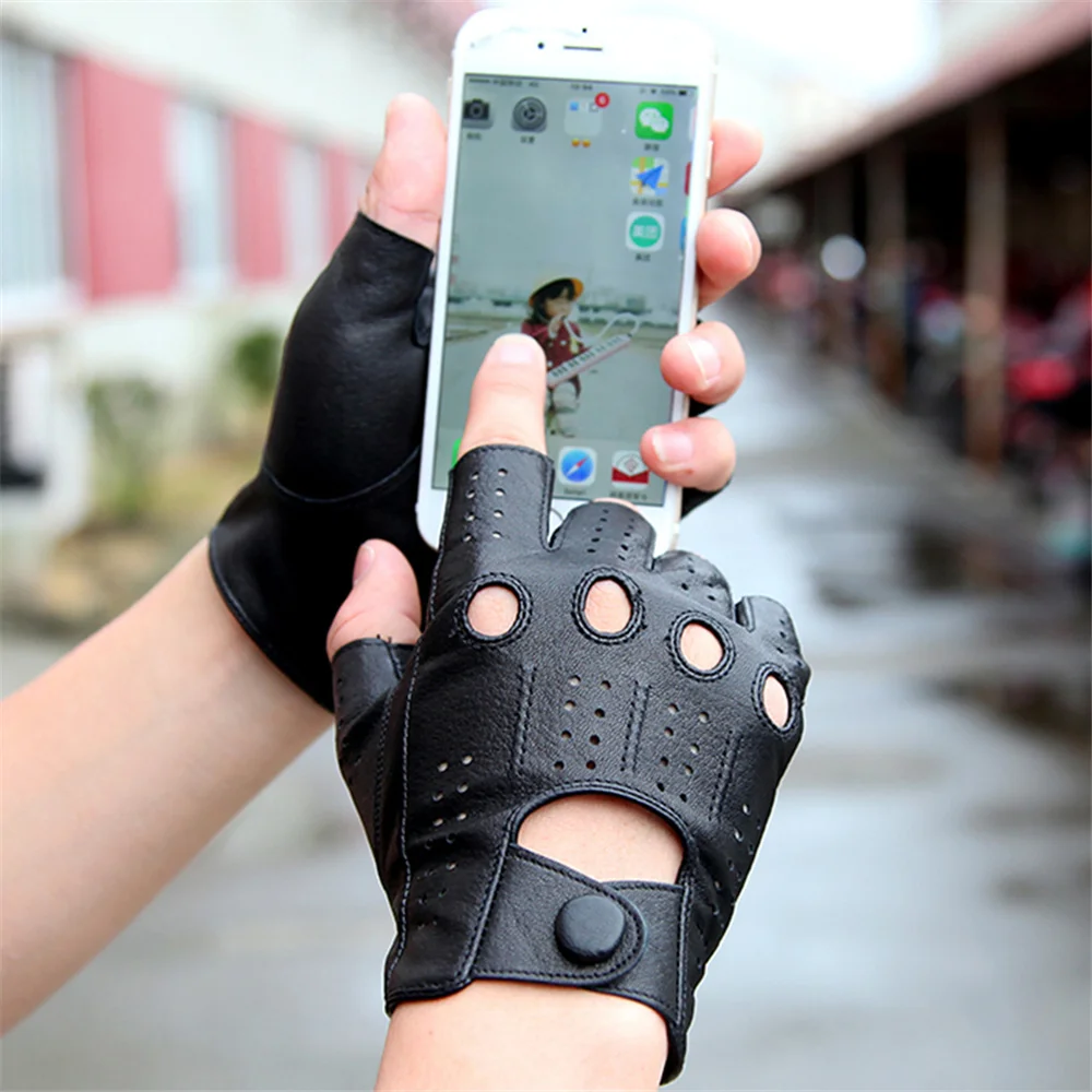 Кожаные перчатки с полупальцами мужские тонкие из овчины тонкими разрезами для