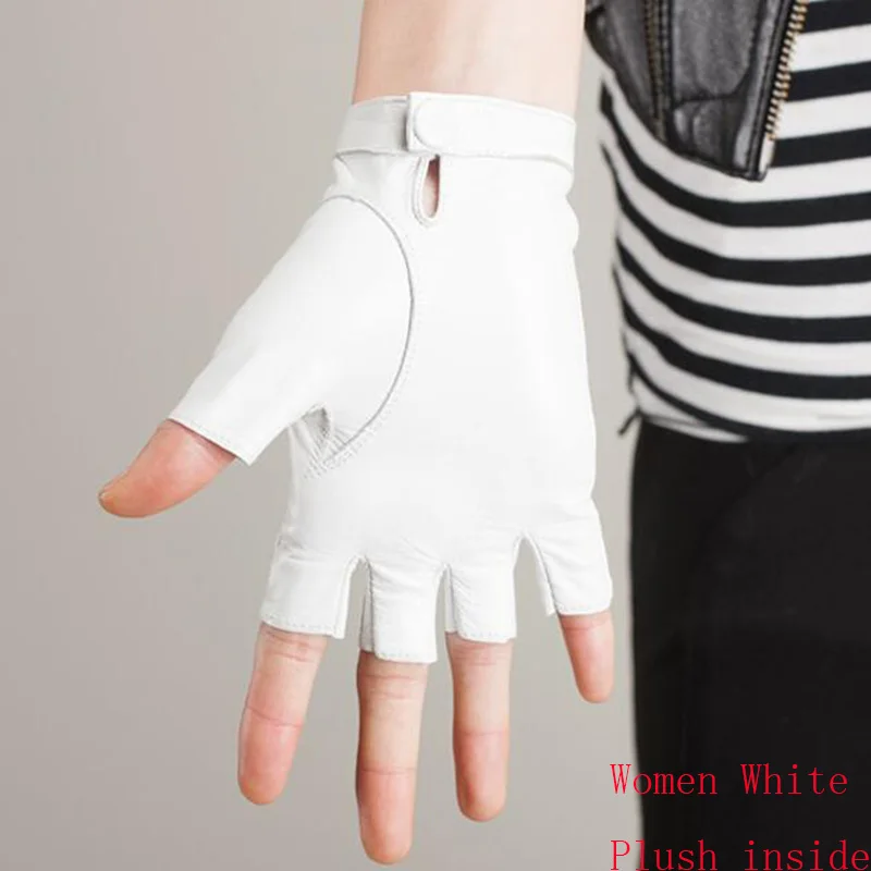 Women White Plush Новые модные высококачественные мягкие женские и мужские перчатки из натуральной кожи, мотоциклетные перчатки без пальцев, тактические перчатки из овчины S74 - Цвет: Women White Plush