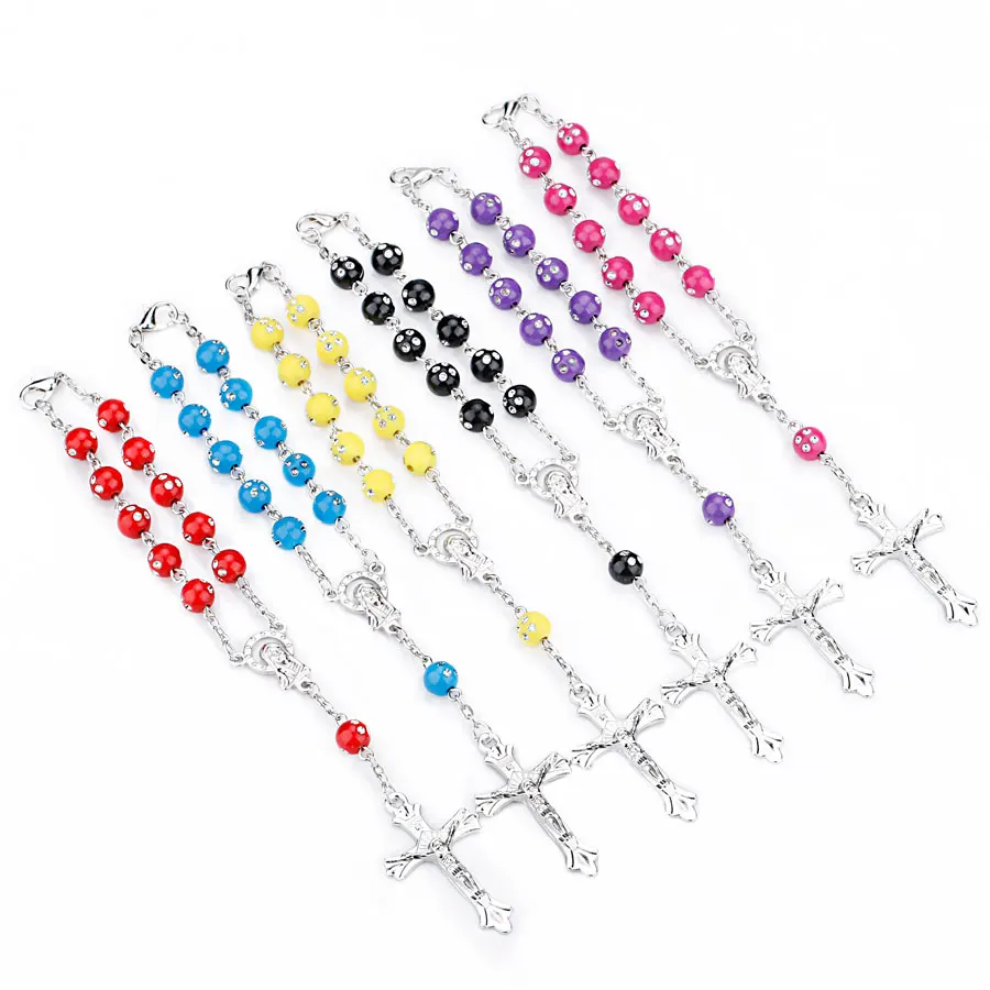 Colorful Beads Catholic Rosary Bracelet Blue Red Color Auto Rosary Car Rosary INRI Cross Mary Charms Lobster Clasp