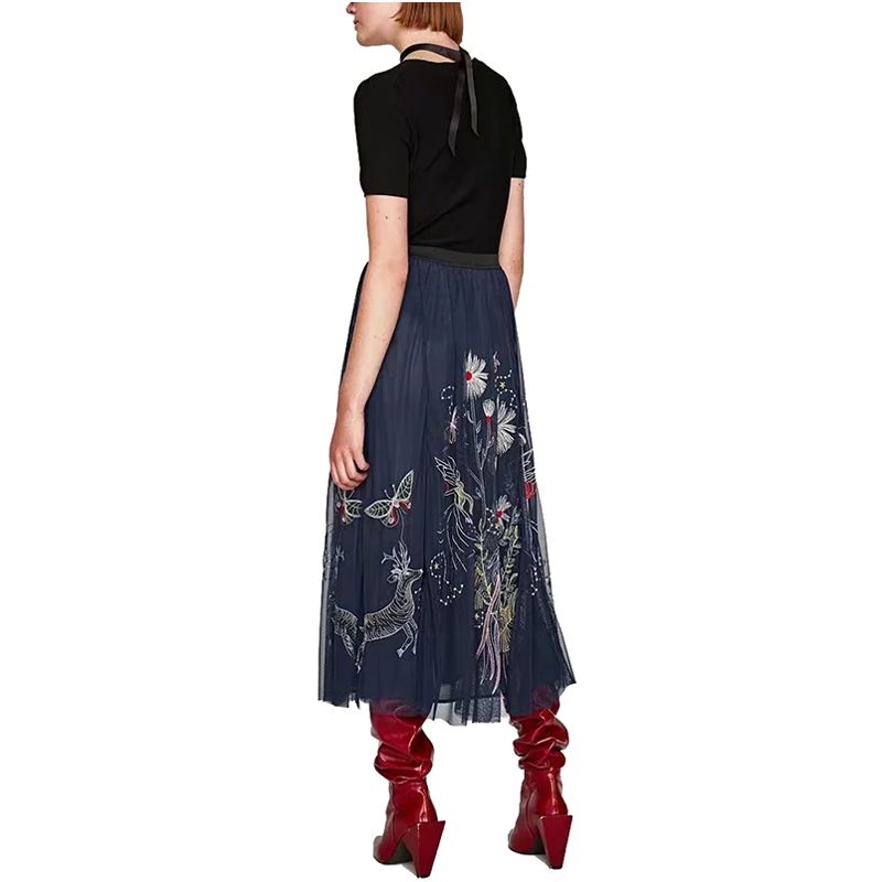 NYMPH Women Vintage Skirts 2017 Summer Boho Elegant High Waisted Floral Embroidered Mesh Overlay Midi A Line Plus Size | Женская одежда