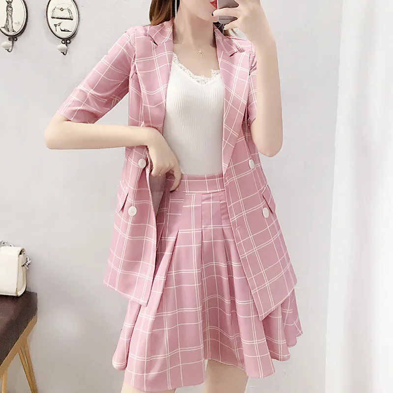 Летний милый розовый клетчатый комплект из 2 предметов для женщин новинка 2019