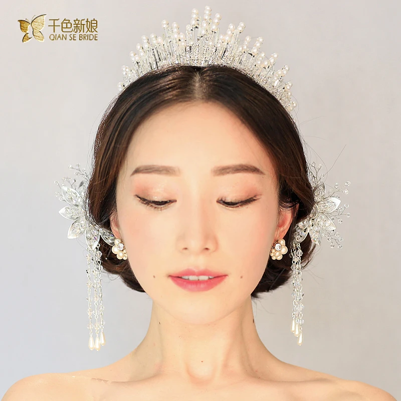 Белый Ретро дворец короны tiara свадебные украшения кристалл кистями аксессуары