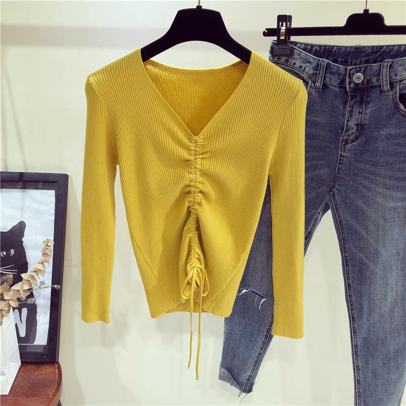 2019 Autumn Long Sleeve Bottoming Knitted Sweater Women Solid Slim Drawstring Bustier Crop Top Sexy V-Neck Streetwear Pull Femme | Женская