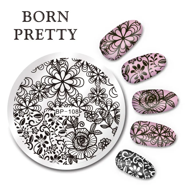 BP 108 1 шт. BORN PRETTY Flower дизайн ногтей штамп шаблон Арабеска Бабочка Цветочная волнистая линия сетка в полоску дизайн 5,5 см круглая пластина изображения - Цвет: BP 108
