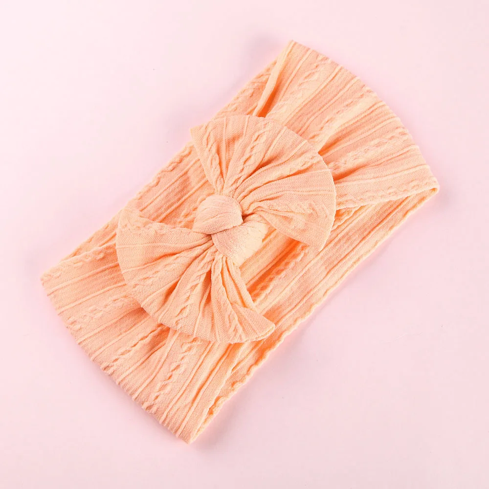 Peach Нейлоновые оголовья для вязания кабеля с бантиком, широкая нейлоновая повязка на голову с бантиком, аксессуары для волос для девочек - Цвет: Peach