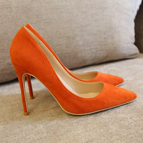 Orange 12cm Heels Veowalk/женские однотонный оранжевый Для женщин из флока острый носок и высокий каблук; элегантные женские слипоны туфли-лодочки на шпильке из органической кожи в классическом стиле Туфли под платье 8/10/12 сантиметров - Цвет: Orange 12cm Heels