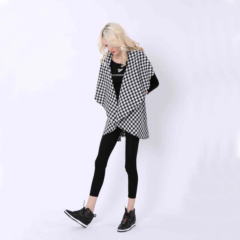 Женский кардиган в клетку с рисунком гусиные лапки пальто длинными рукавами