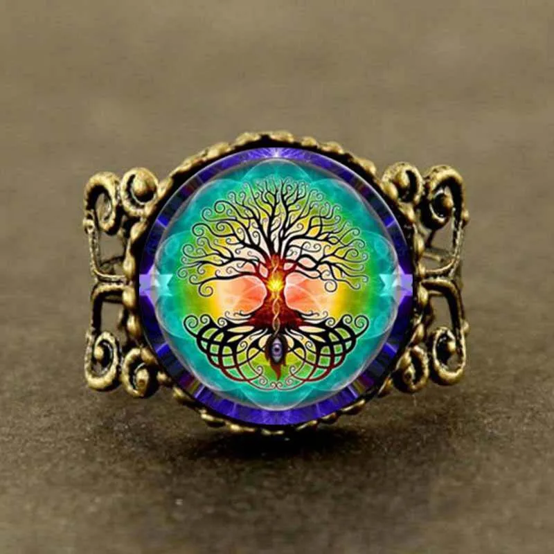 

Steampunk Tree Evil Eye Glass Cabochon Ring Statement gift bronze or silver fashion 2021