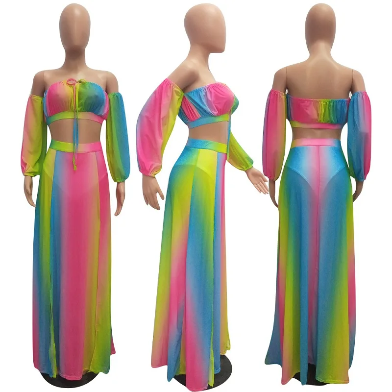 

2021 Beach Cover Up colorful Chiffon Swimsuit Beach Dress Women Swimwear Bikini Cover-Ups Beach Wear Tunic Robe Plage 2PCS/SET