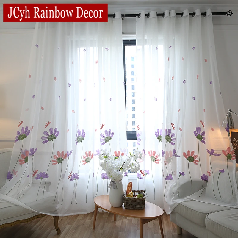 

JCyh Embroidered Tulle Curtains For Living Room Bedroom White Sheer Curtains For Window Floral Voile Curtain Drapes Cortina