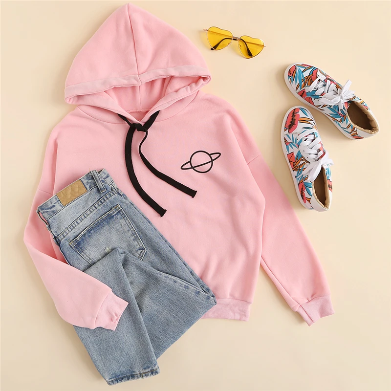 Dotfashion, Розовая Толстовка на завязках с принтом в виде планеты, женская повседневная кофта с капюшоном, весна-осень, длинный рукав, элегантный пуловер