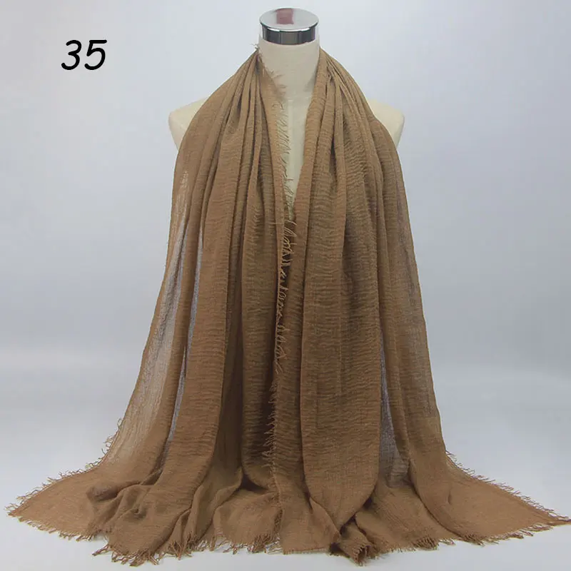 35 Tu Khaki Scarf Sparsil Весенний хлопковый женский шарф Одноцветный мнущийся Ретро шарф с короткими кисточками 180 см Большие шали мусульманские женские хиджабы - Цвет: 35 Tu Khaki Scarf