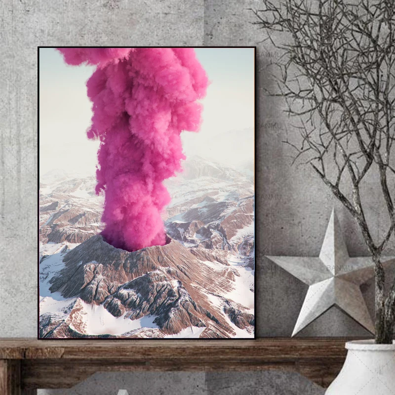 Вулкан с розовым дымом холст картина печать гостиная домашний декор Современное