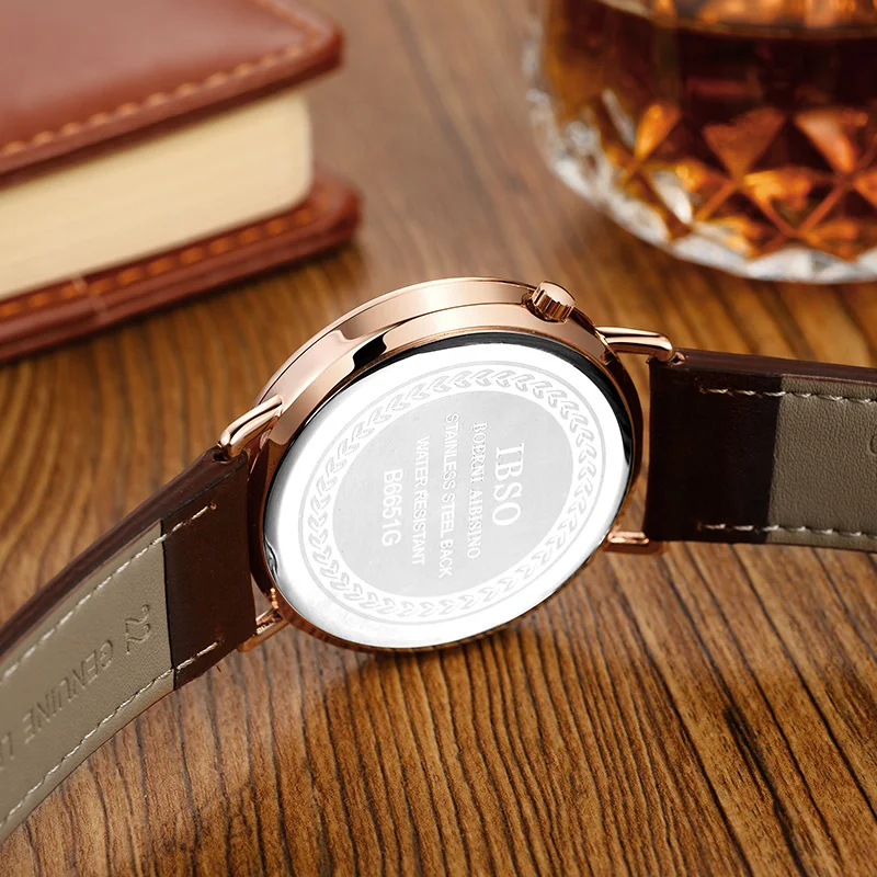 IBSO Мужские кварцевые часы Бизнес 8 мм ультра тонкие наручные из натуральной кожи