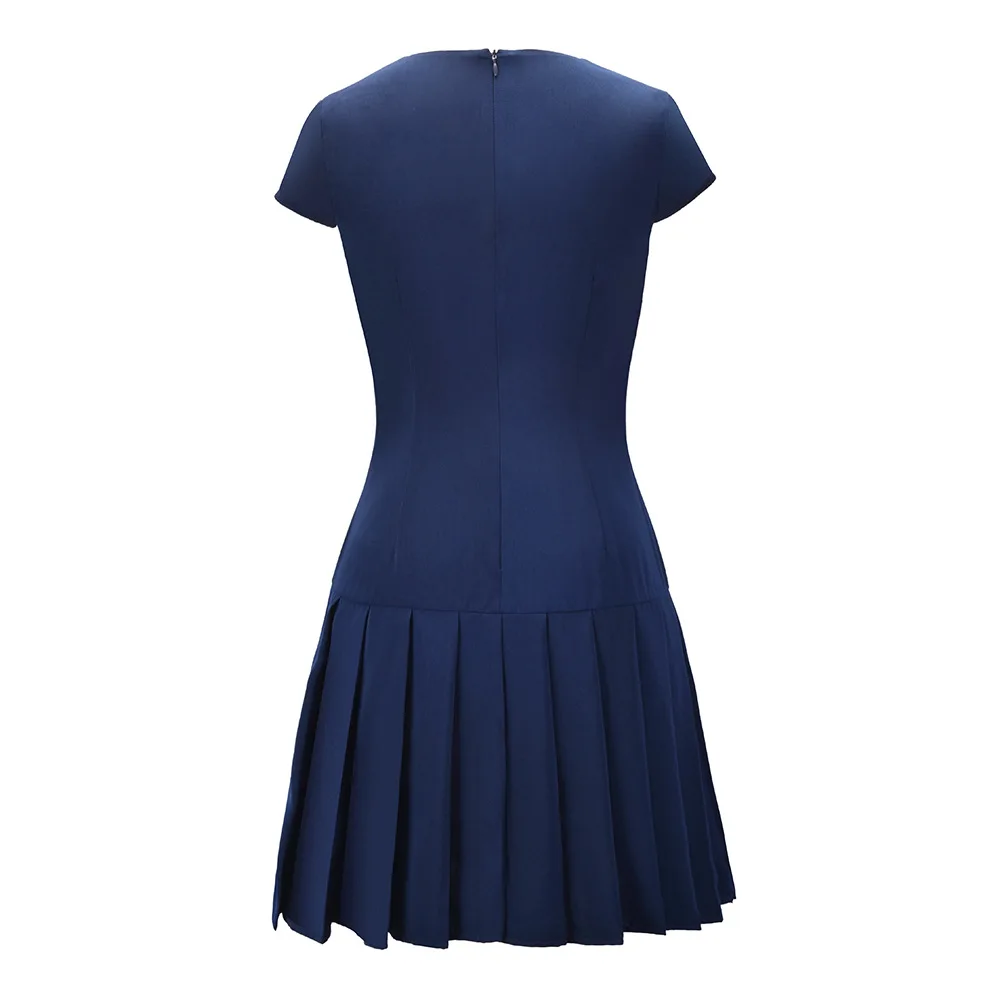 Женские винтажные синий плиссированное платье с коротким рукавом Круглая