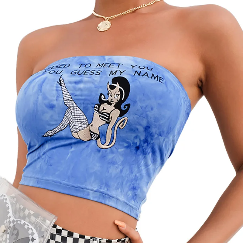 Без бретелек Топ Для женщин голубые с буквами принтом без рукавов летние топы