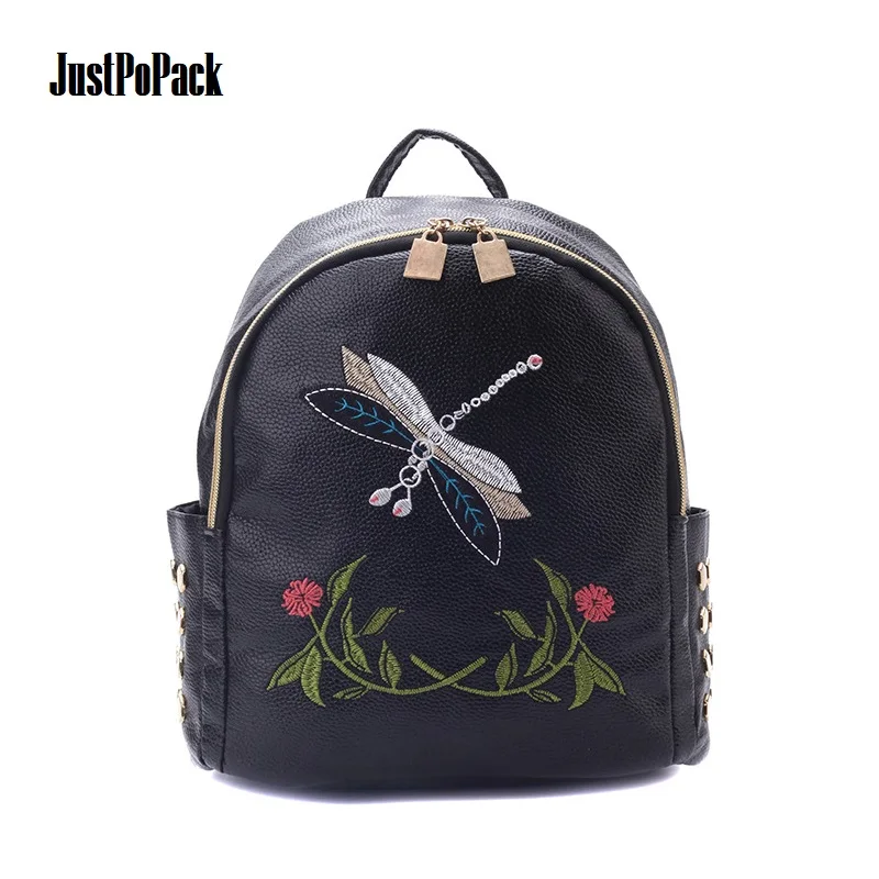 Женский водонепроницаемый рюкзак из ПУ кожи с вышивкой стрекозой и заклепками |