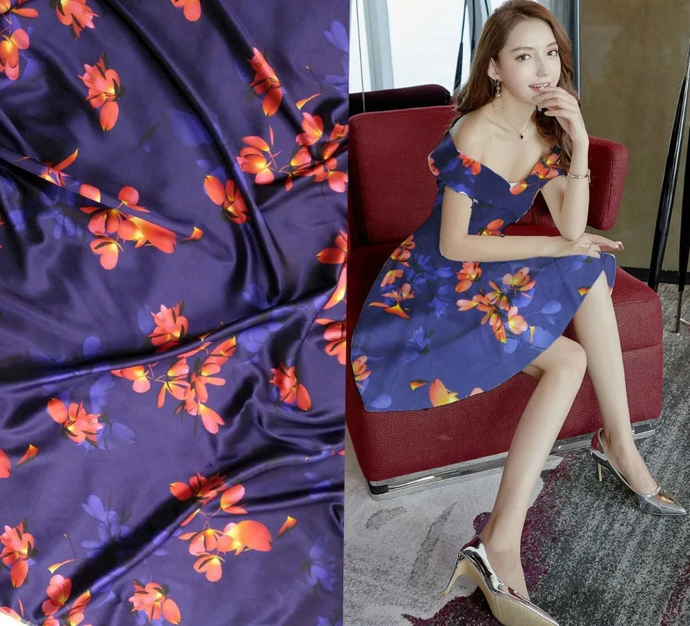 Telas супер синие цветы ткани материал для штор Тюль Блузка Платье принты strech атласные шелковые пэчворка