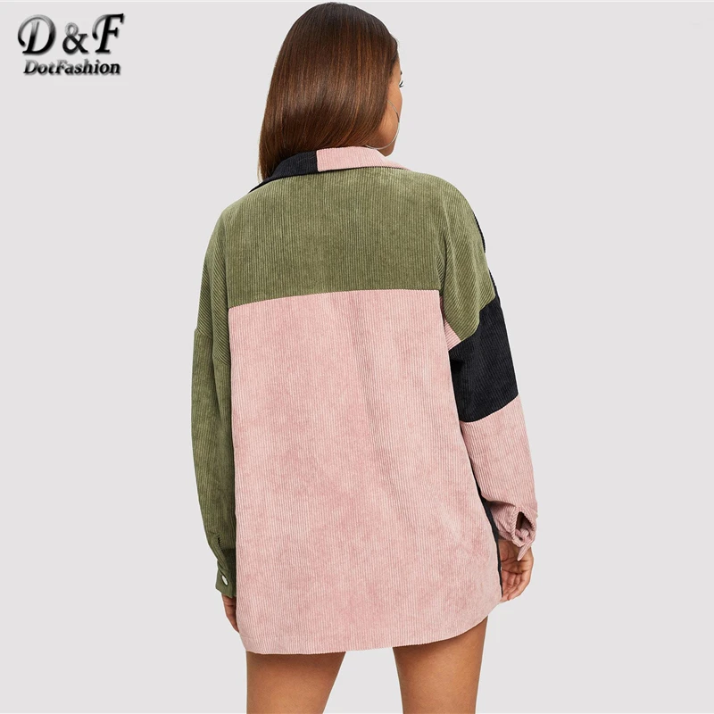 Dotfashion Вельветовая куртка с цветными блоками и карманами спереди, осень, повседневные пальто и куртки, Женская однобортная одежда, верхняя одежда