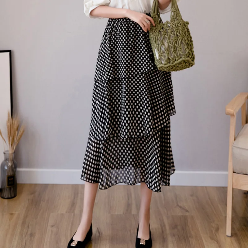 Женская шифоновая юбка в горошек черная или бежевая элегантная повседневная с