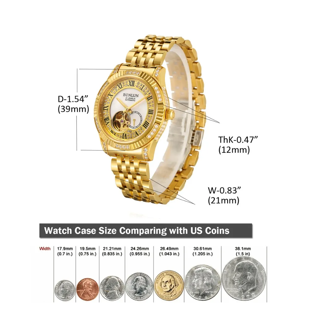 BINLUN 18K Gold Luxury Automatic Watch Skeleton Movement Watch Men's Sapphire Crystal Diamond Automatic Business Men's Watches