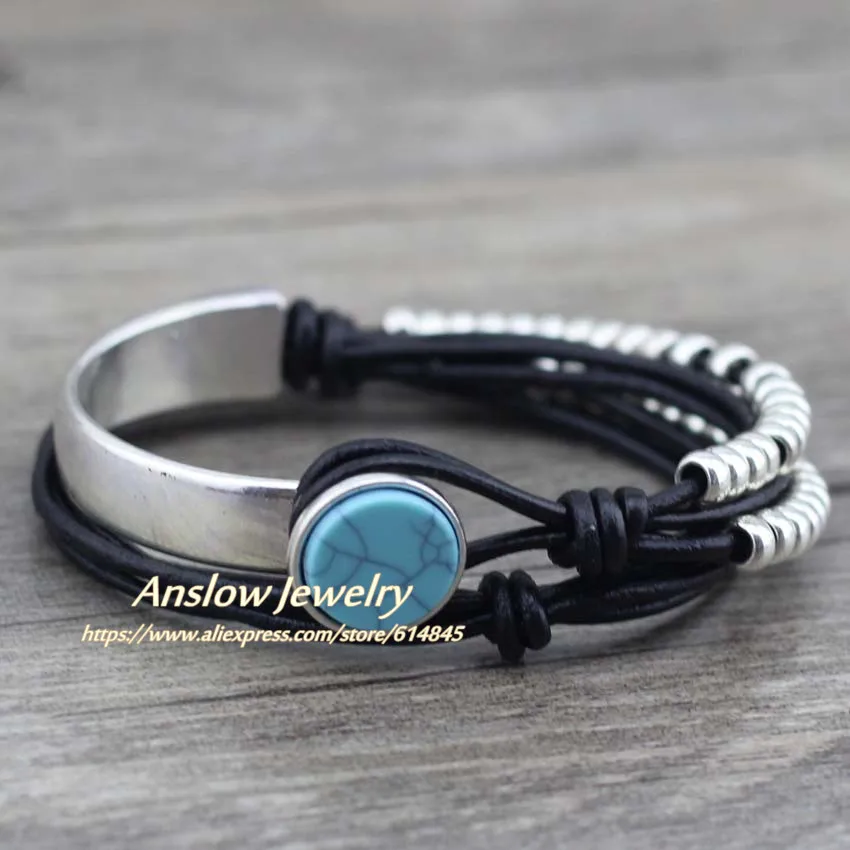 black Anslow Bracelete Feminino, брендовый браслет, винтажный Ретро стиль, кожаный браслет для женщин, Рождественский подарок на день матери, LOW0490LB - Окраска металла: black