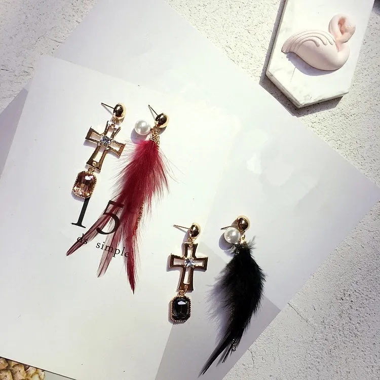 Модные Роскошные Перо Мех животных кристалл крест Длинные висячие серьги