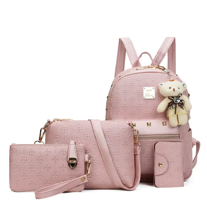 PINK Имидо известный бренд Для женщин сумки школьный рюкзак модные женские заклепки комплект с милым медведем из искусственной кожи композитный мешок 4 шт./компл - Цвет: PINK