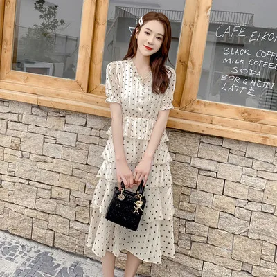 long style Женское платье, летнее, модное, милое, в горошек, с v-образным вырезом, женские платья, винтажные, с оборками, элегантные, повседневные, вечерние, vestidos mujer - Цвет: long style
