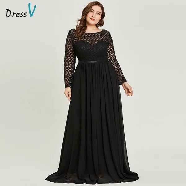 Dressv Черное вечернее платье с овальным вырезом размера плюс элегантное ТРАПЕЦИЕВИДНОЕ ПЛАТЬЕ с длинными рукавами для свадебной вечеринки шифоновое вечернее платье es - Цвет: Black