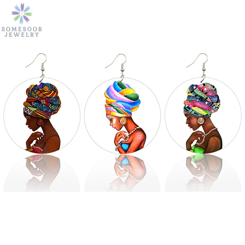 

SOMESOOR Printed Hedawrap Woman Afro Wooden Ethnic Earrings Vintage Black Queen Hair Painting 6cm Flat Round Wood Jewelry Gifts