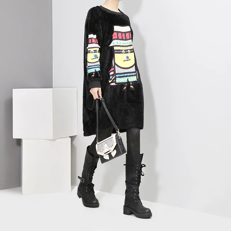 2017 зима мультфильм лоскутное длинные рукава платья из бархата Женская мода