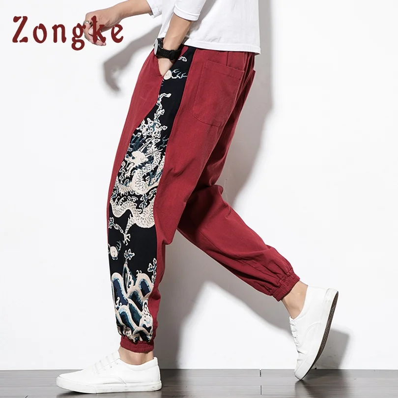 Red Zongke китайский Дракон узор уличные повседневные брюки мужские хип-хоп брюки мужские штаны для бега спортивные штаны шаровары мужские Новинка - Цвет: Red